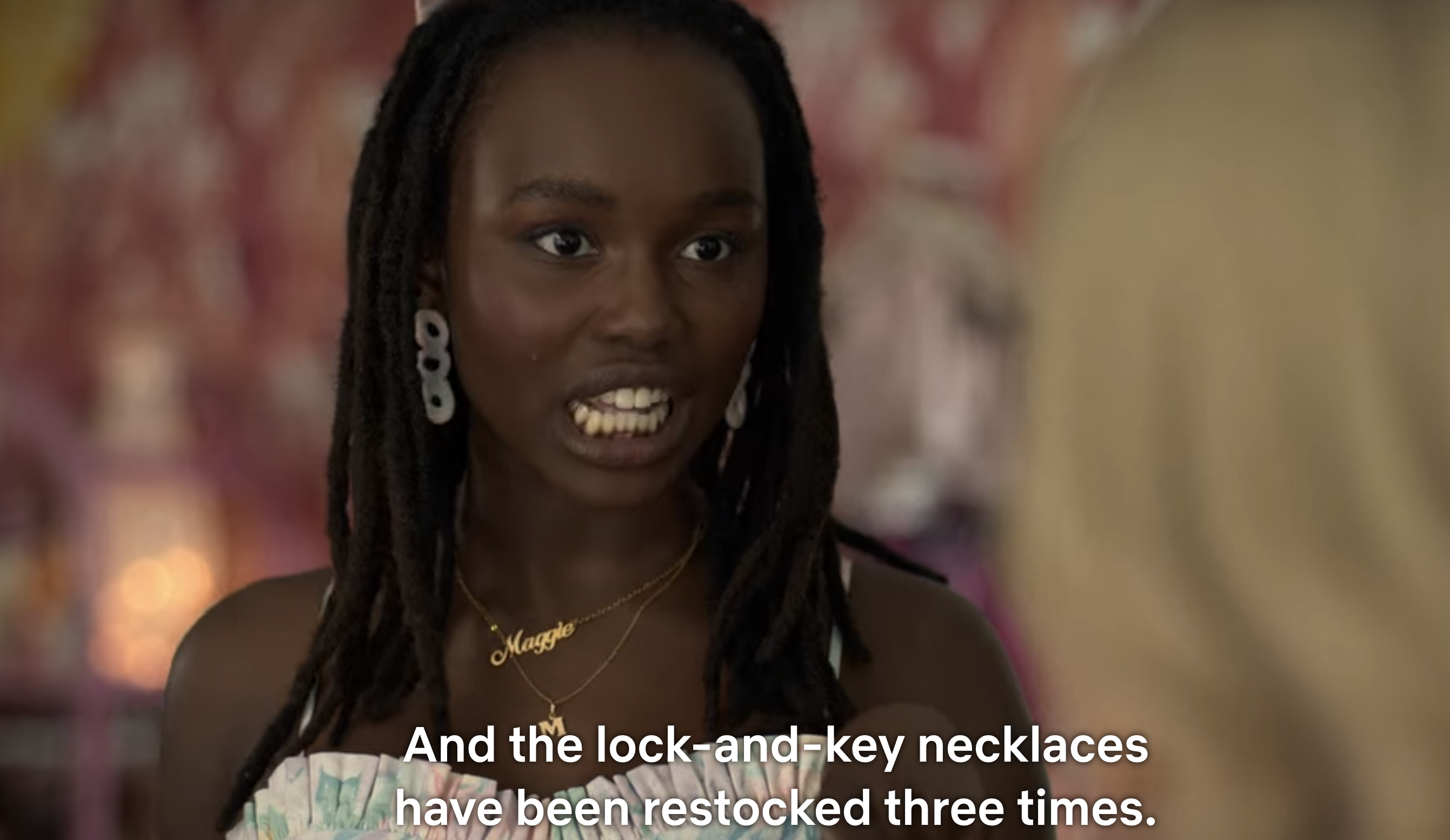 a character saying &quot;and the lock and key necklaces have been restocked three times&quot;