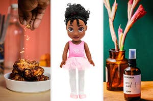 Chicken from Chuku's Nigerian Tapas, a Nia Ballerina doll and a Belle Ame body oil from Georgiana John
