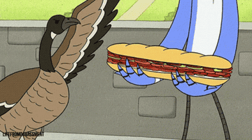 GIF cartoon geese attacking a sub sandwich