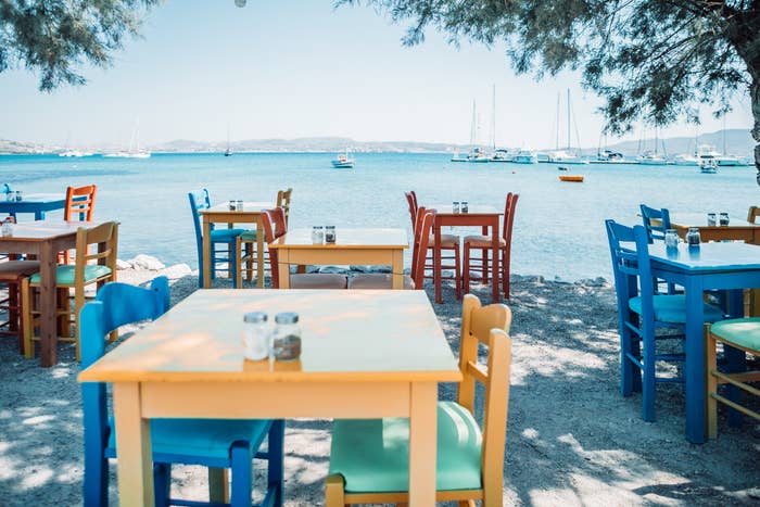 A Greek tavern by the ocean.