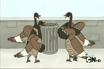 GIF cartoon geese punching a trash can