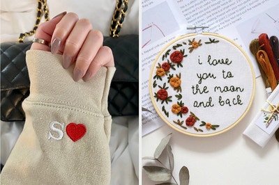 left: hoodie sleeve with heart and initial. right: embroidery hoop with message "I love you to the moon and back"