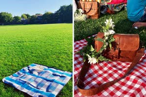 left: reviewer photo of blue picnic blanket in grassy field. right: reviewer photo of red picnic blanket.