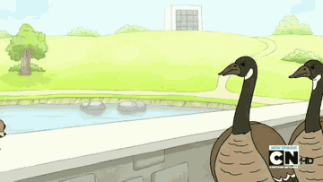 GIF cartoon geese smacking a squirrel