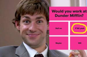 Jim Halpert smiles brightly while looking into the camera