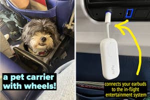 reviewer's dog in a carrier under a plane seat with text: a pet carrier with wheels! / reviewer photo of an earbud connector plugged into the back of a plane seat with text: connects your earbuds to the in-flight entertainment system