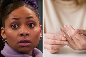 Left: Raven-Symoné as Raven Baxter widens her eyes and looks to the side in "That's So Raven" Right: A person takes off their wedding ring
