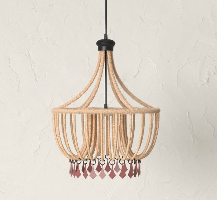Boho chandelier with jute wrap and dangling accents.