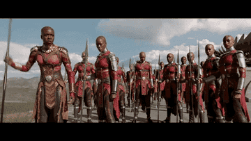 the Dora Milaje pointing their arrows in the movie