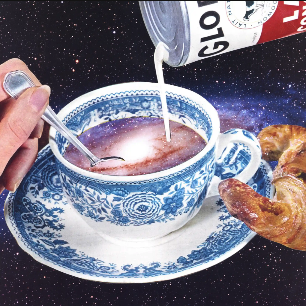 &quot;Cosmic Brew 1976&quot;: A teacup and saucer appear to be held with outerspace as a backdrop as milk is poured into the cup