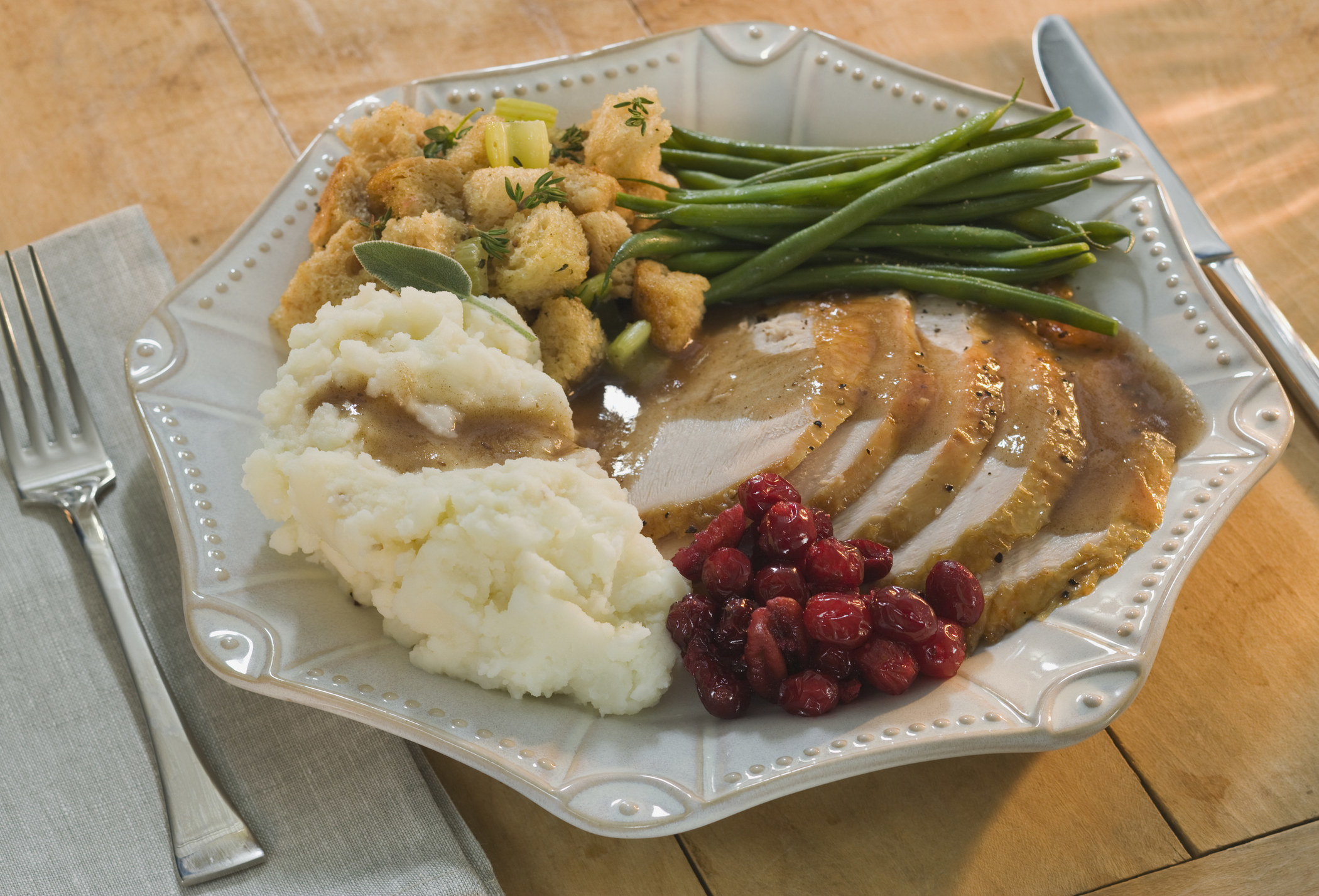 Plate of sliced turkey and mashed potatoes with gravy, stuffing, cranberries, and string beans