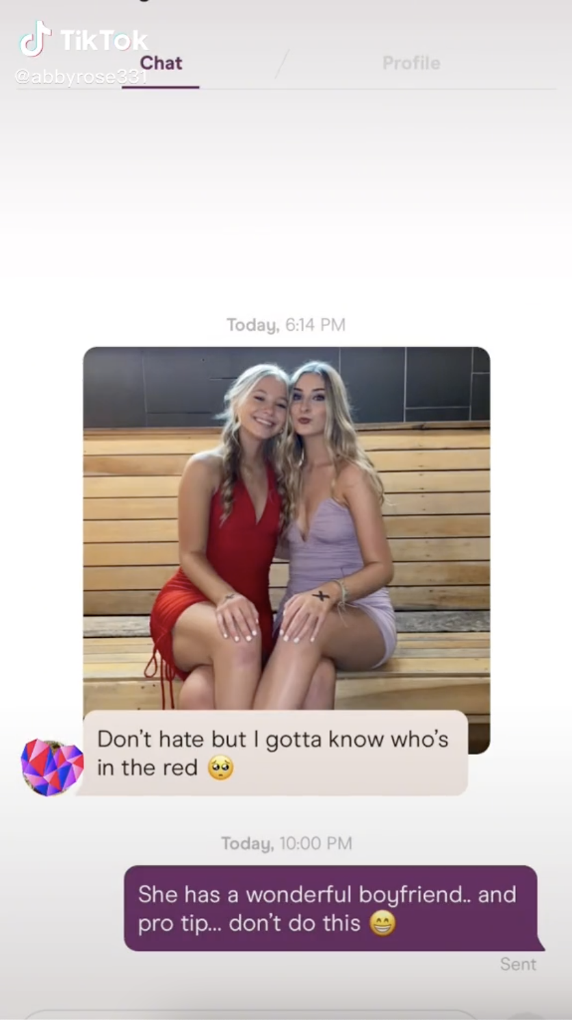 Screengrabs of a TikTok by user abbyrose33 of a conversation on a dating app