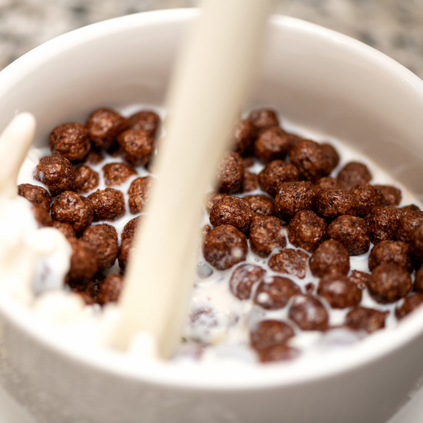 Round chocolate cereal with milk