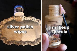 silver polish wipes and a makeup spatula