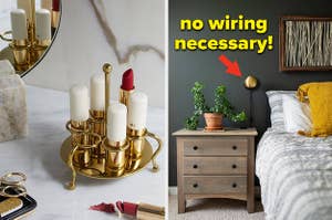a metal lipstick holder; a reviewer's gold sconce over a nightstand