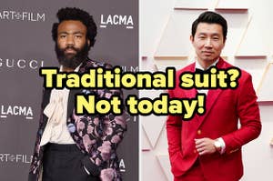 Image is a split thumbnail with the left image showing Donald Glover in a floral blazer and the right image showing Simu Liu in a bright red suit
