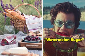 On the left, a picnic basket full of baguettes next to a picnic blanket in the grass, and on the right, Harry Styles eating a piece of watermelon in the Watermelon Sugar music video