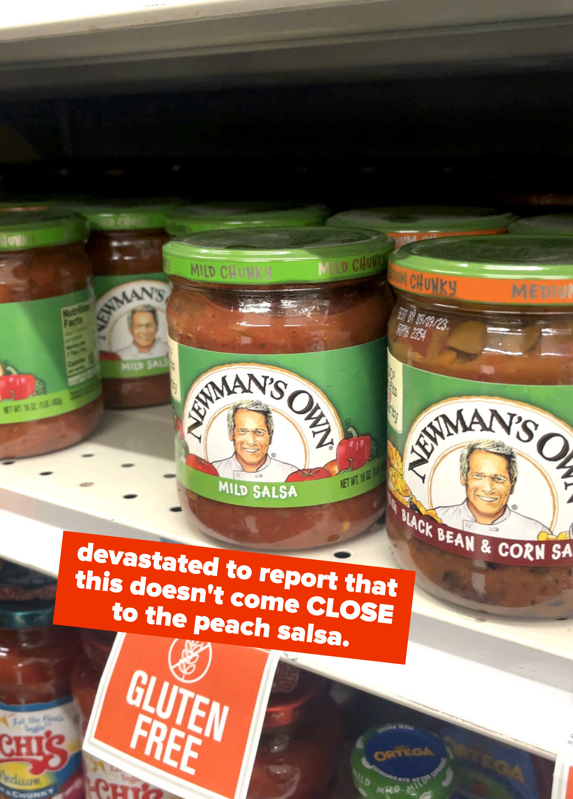 An image of Newman&#x27;s Own mild salsa with a caption that says &quot;devastated to report this doesn&#x27;t come close to the peach salsa&quot;