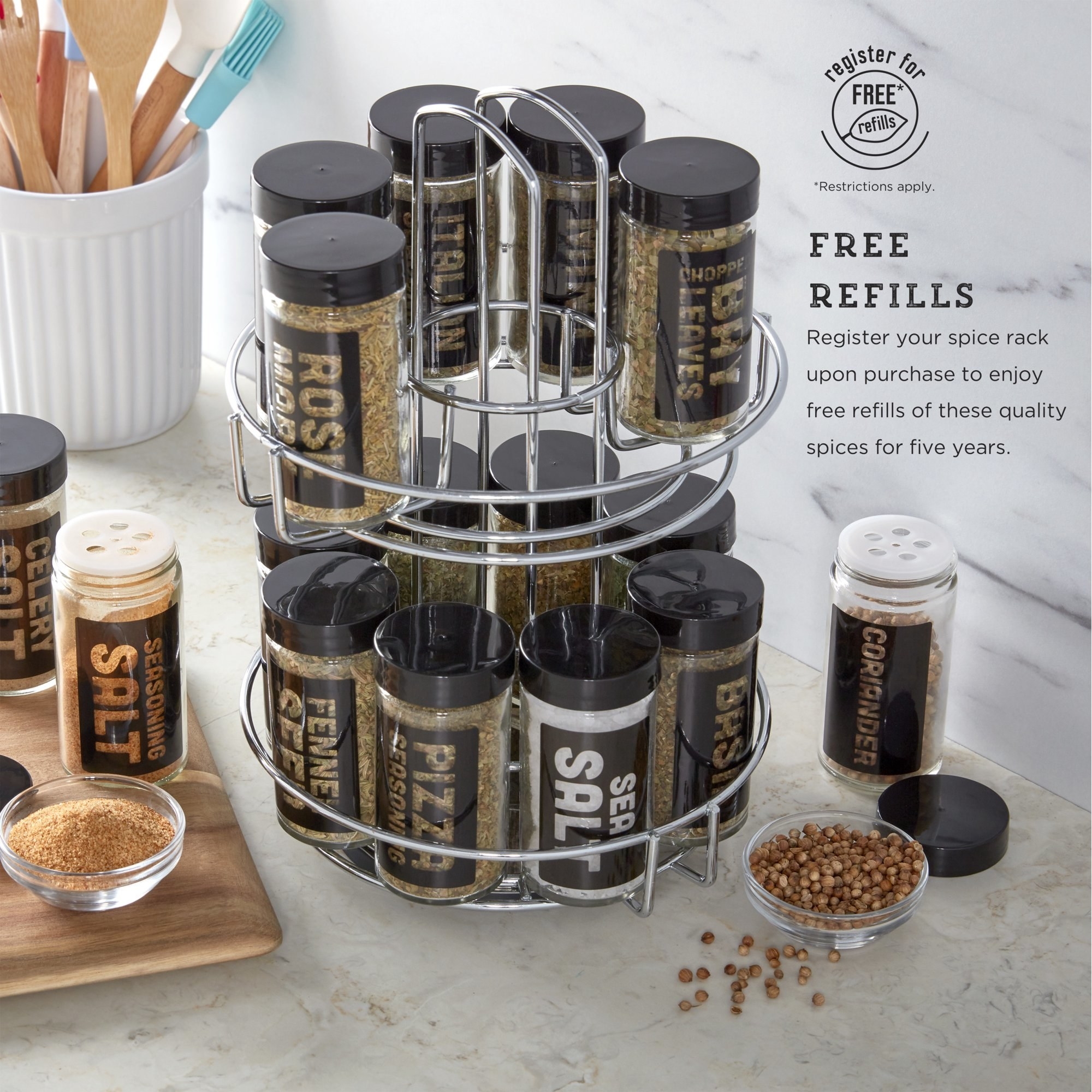round turning spice rack with 16 spice jars and labels