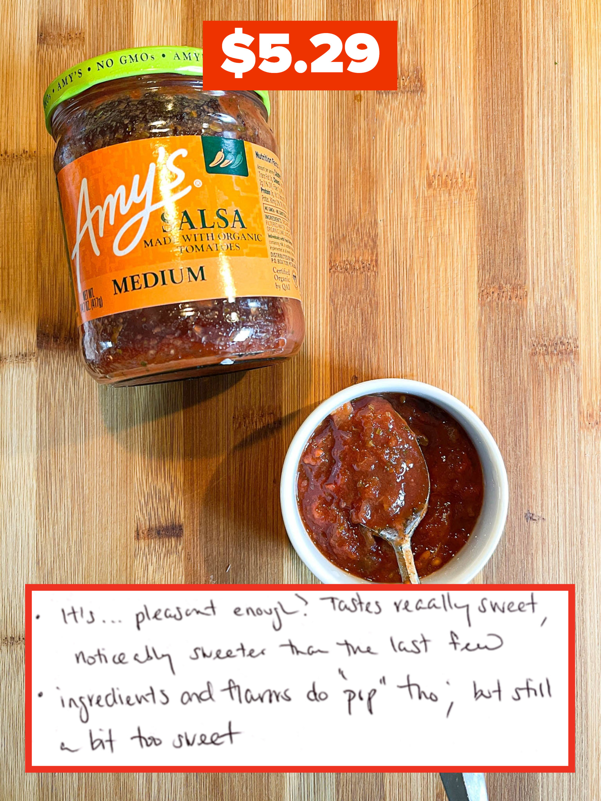 A photo of the salsa next to an excerpt from the writer&#x27;s notes that identifies this salsa as also being too sweet