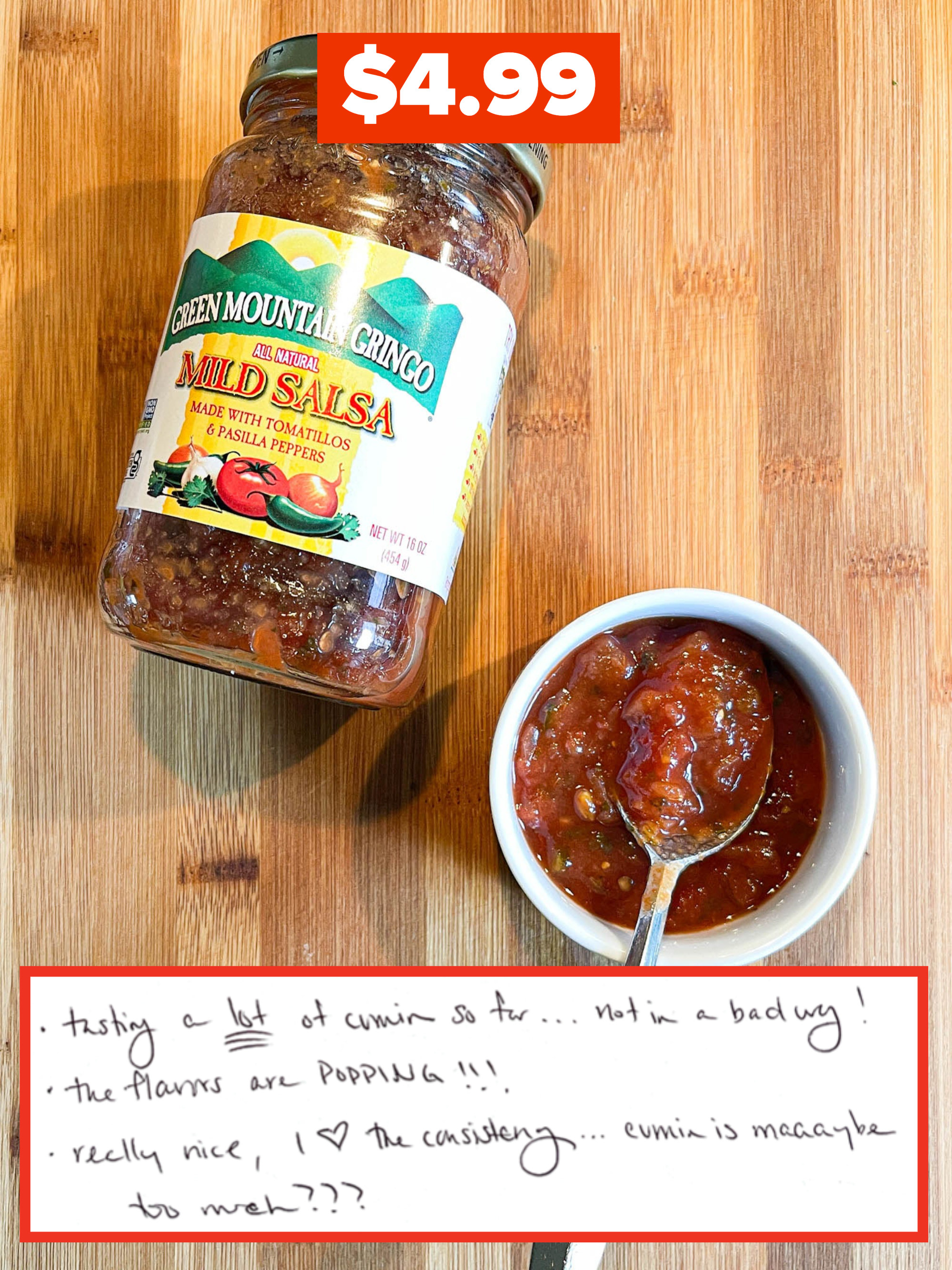 A photo of the salsa next to an excerpt from the writer&#x27;s notes that says &quot;the flavors are popping!&quot;
