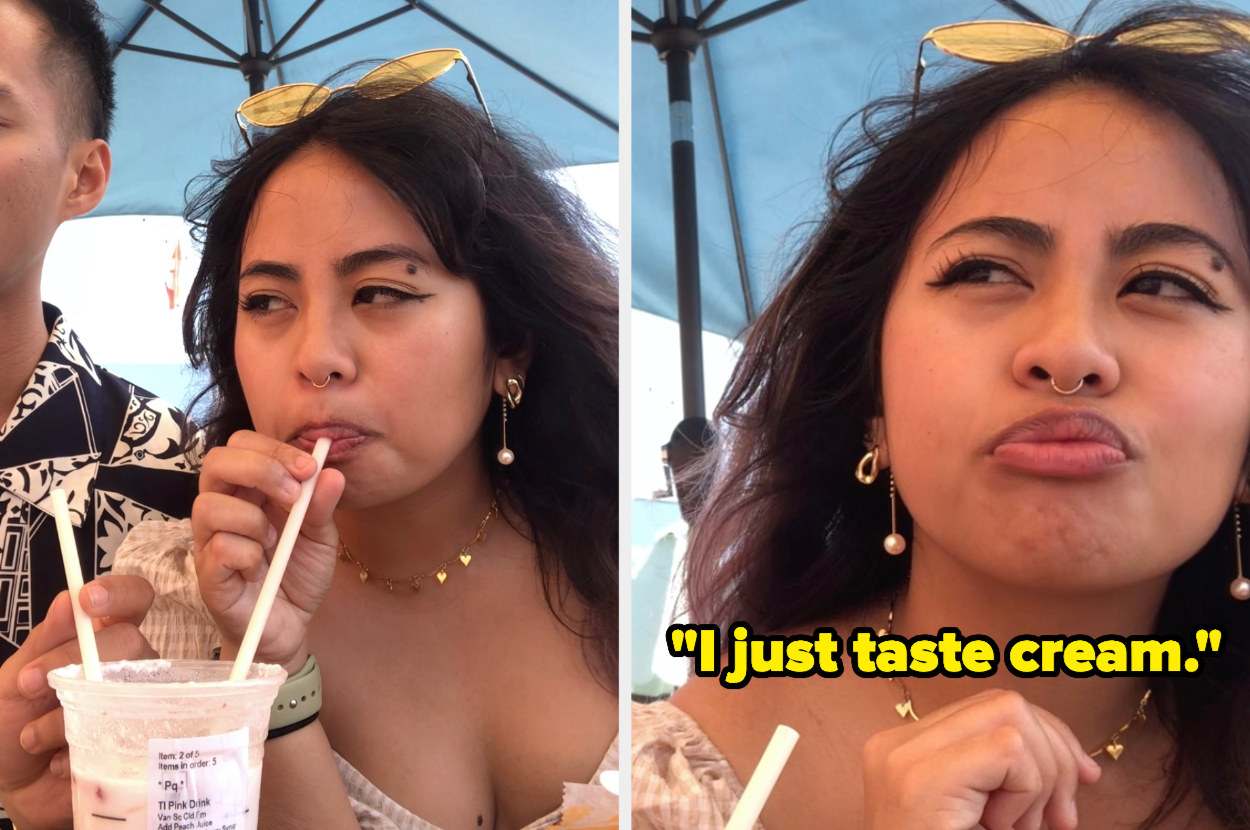 Author&#x27;s friend trying the Starbucks Peach Pink Drink and her reaction