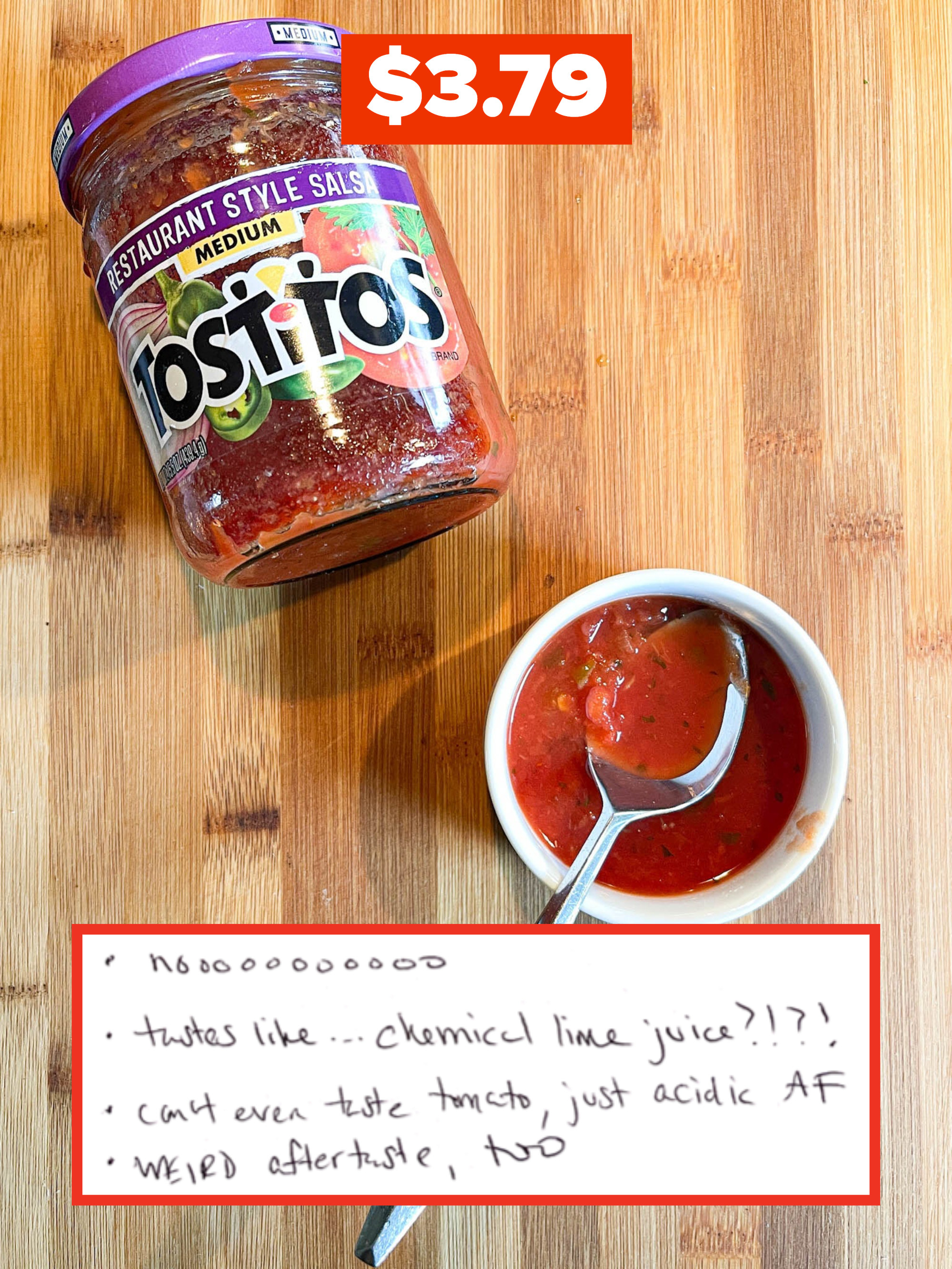 A photo of the salsa next to excerpt from the writer&#x27;s notes that says it tastes like chemical lime juice with a weird aftertaste