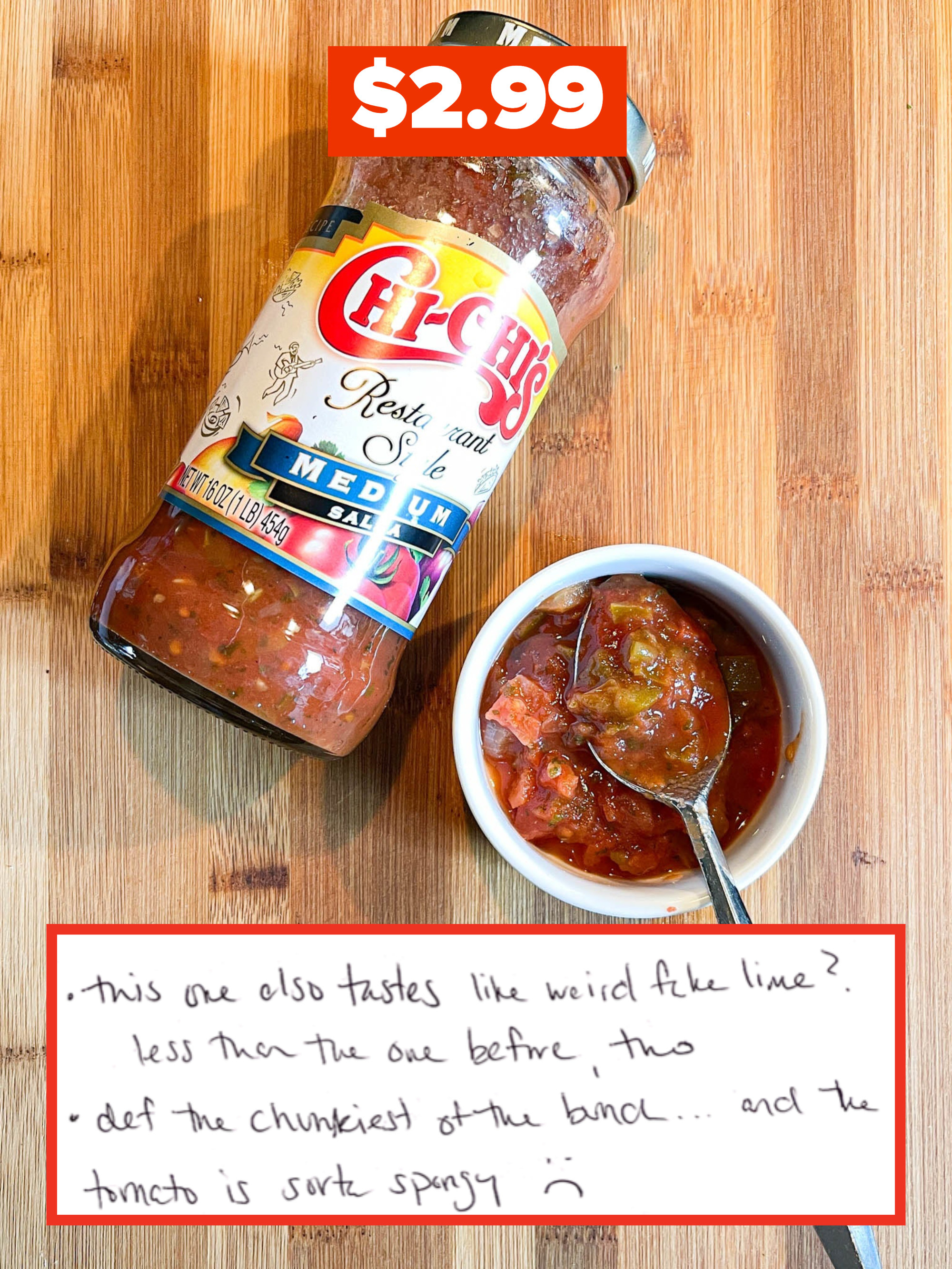 A photo of the salsa next to an excerpt from the writer&#x27;s notes that says it tastes like weird fake lime and the tomato is spongy