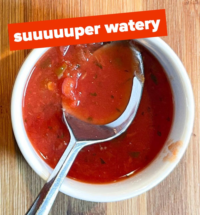 Another photo of the salsa with text that reads &quot;super watery&quot;