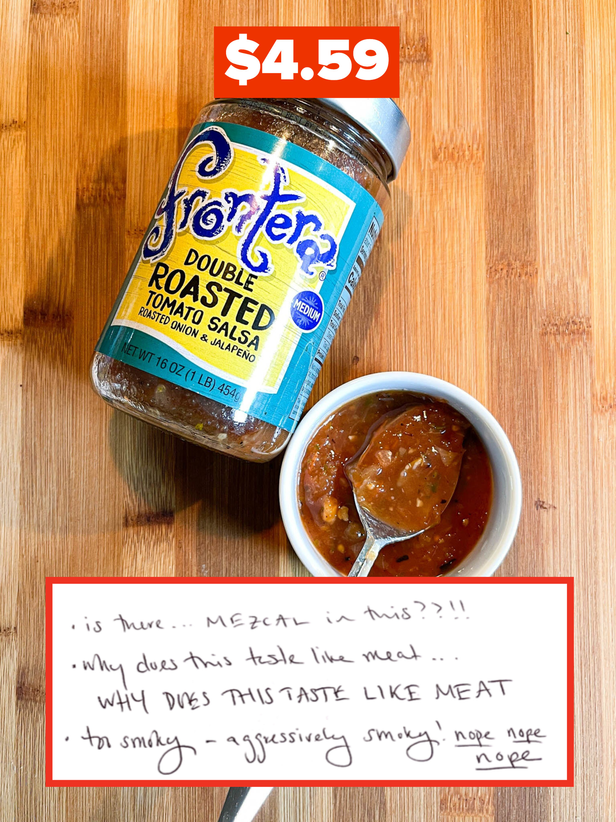 A photo of the salsa next to an excerpt from the writer&#x27;s notes that says &quot;Is there mezcal in this?!&quot;