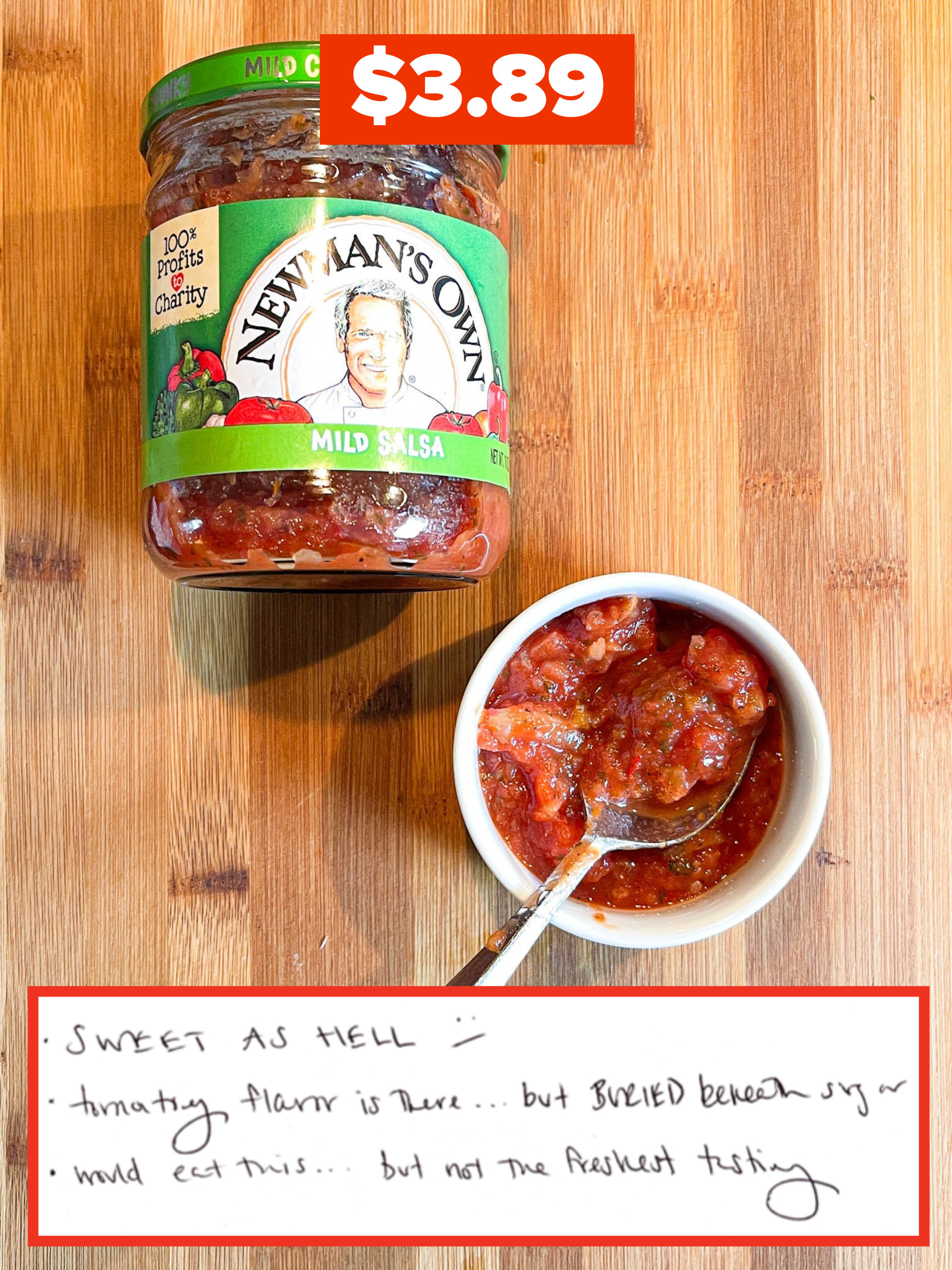 Photo of the salsa next to an excerpt from the writer&#x27;s notes that says &quot;Would eat this, but not the freshest tasting&quot;