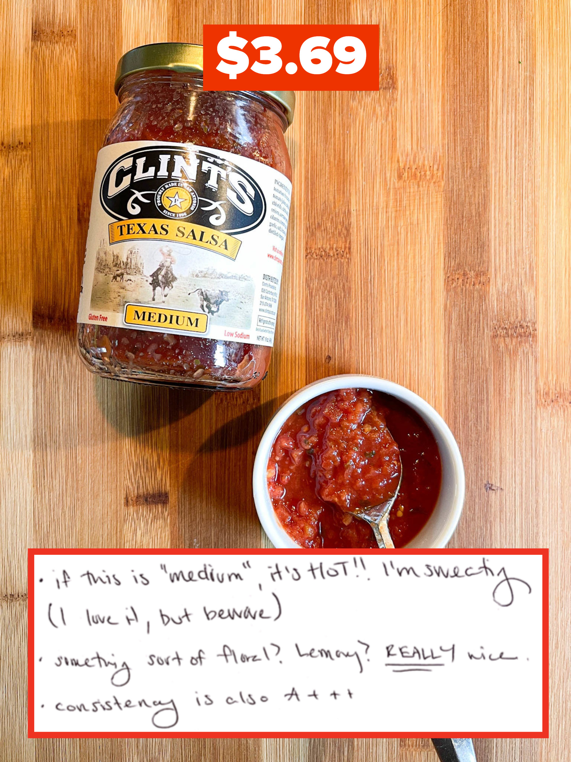 A photo of the salsa next to an excerpt from the writer&#x27;s notes that says &quot;if this is medium, it&#x27;s hot, I&#x27;m sweating&quot;