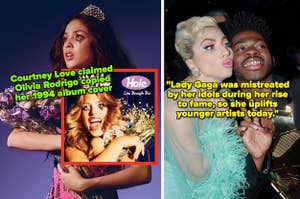 Olivia Rodrigo’s promo for “Sour Prom” compared to Hole’s 1994 album cover “Live Through This;” Lady Gaga and Lil Nas X taking a selfie at the 2022 Grammys