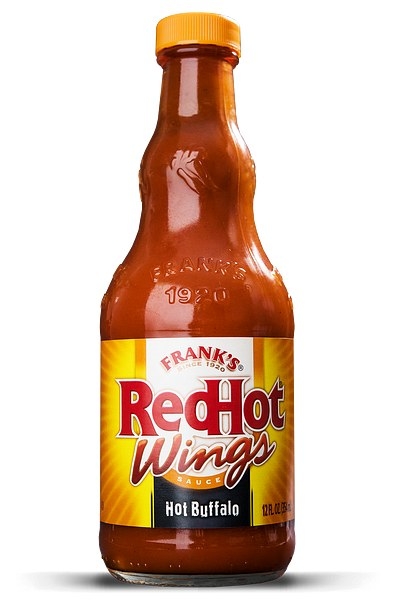 bottle of frank&#x27;s red hot hot sauce in hot buffalo flavor