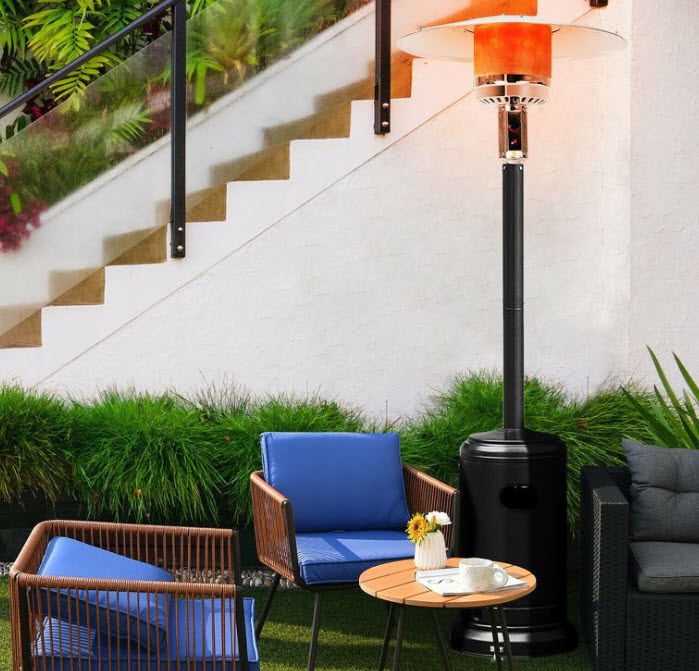 Standing propane patio heater with black steel base and wheels.