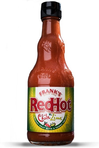 bottle of frank&#x27;s red hot sauce in chili and lime flavor