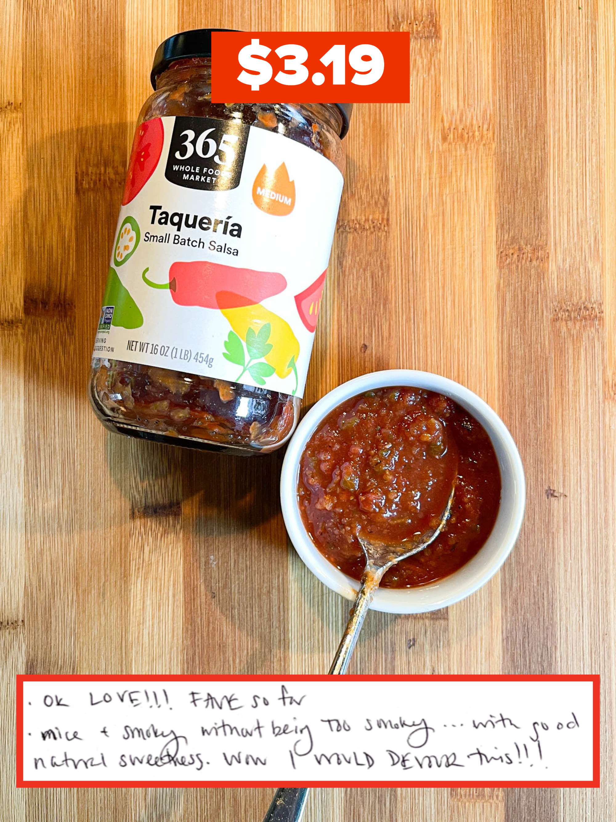 Photo of the salsa next to an excerpt from the writer&#x27;s notes that says &quot;Wow, I would devour this!&quot;