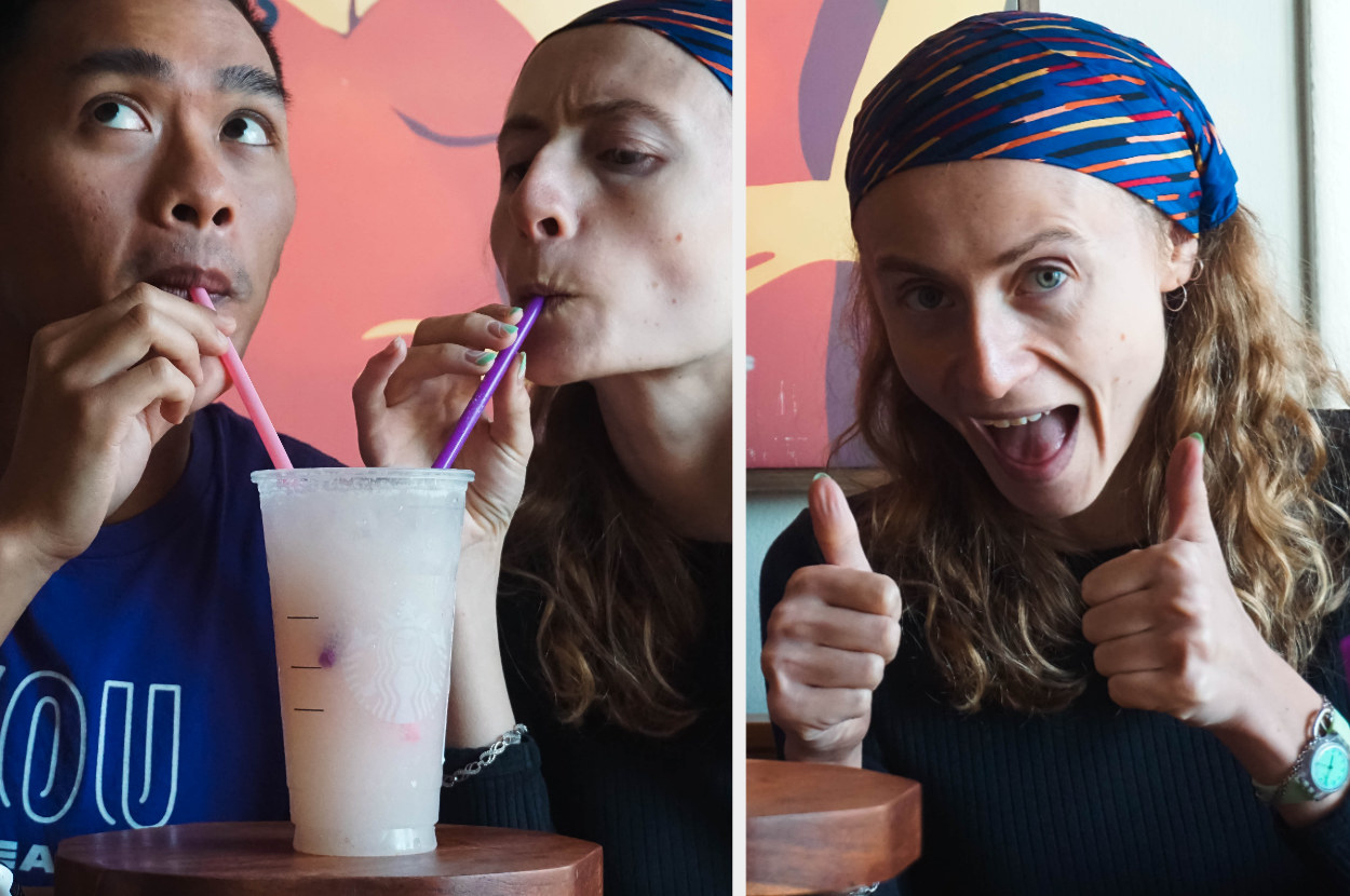 Author trying the Starbucks Fuzzy Peach Refresher drink, along with a thumbs up from the author&#x27;s friend