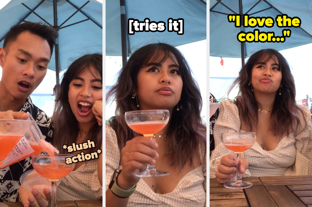 Author pouring the Starbucks Acai Lemonade Refresher drink into a glass, followed by author&#x27;s friend&#x27;s reaction