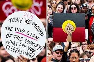 Side by side images of past protests, right hand side shows the Aboriginal flag with a closed fist in the middle, the other side is a sign that reads "Today we mourn the invasion of this country! What are you celebrating?"
