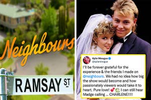 Left: Neighbours logo; Right: Kylie Minogue and Jason Donovan posing as their characters; there's also a tweet from Kylie expressing her love for the show