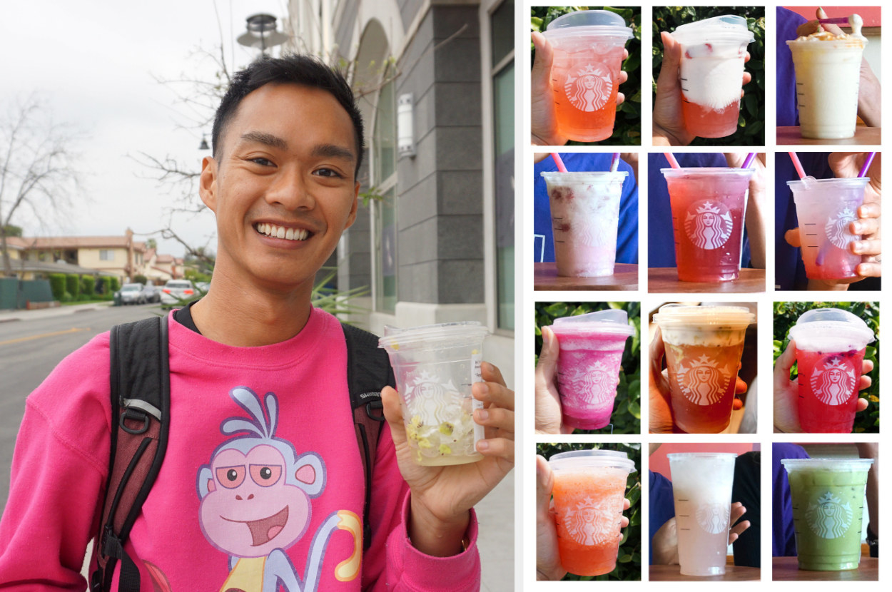 (Left) Author holding an empty Starbucks drink cup (Right) The 12 drinks sampled by the author and friends