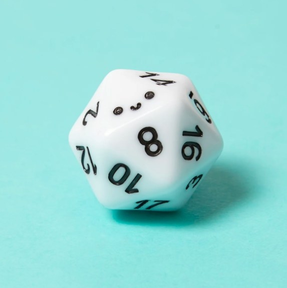 a 20 sided die with a smile on one side