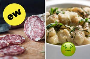 Salami is on the left marked with "ew" and gnocci on the right