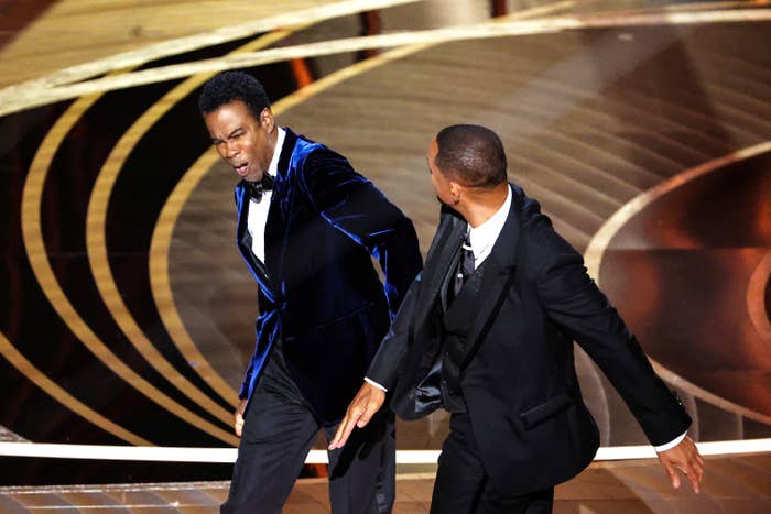 Will Smith slaps Chris Rock onstage during the 94th Academy Awards at the Dolby Theatre at Ovation Hollywood on March 27.