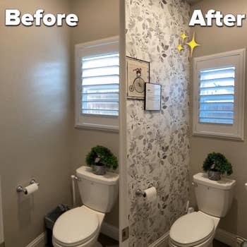 reviewer before and after of their bathroom wall without and then with the grey botanical wallpaper