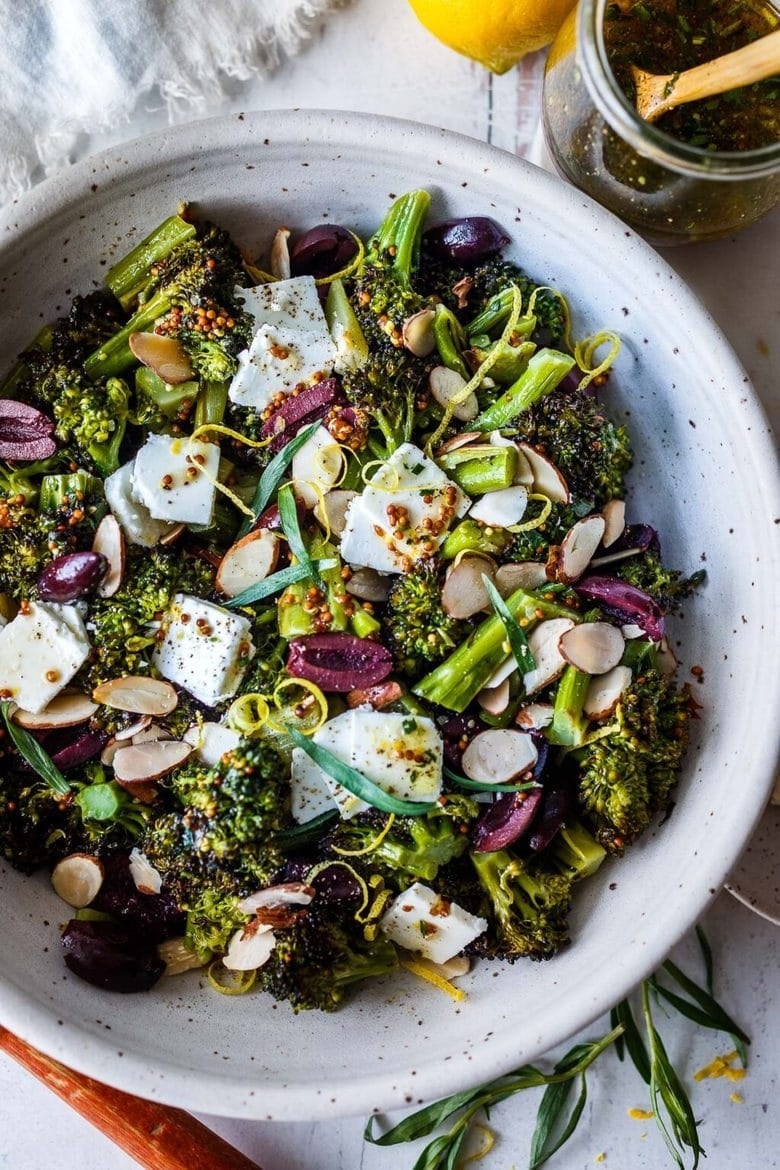 Roasted broccoli salad with olives and Feta cheese