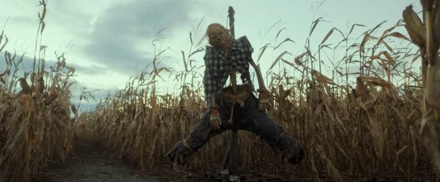 A scarecrow stands in a cornfield