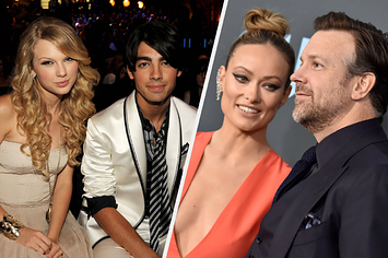 Two split photos featuring Taylor Swift, Joe Jonas; and Olivia Wilde and Jason Sudeikis 