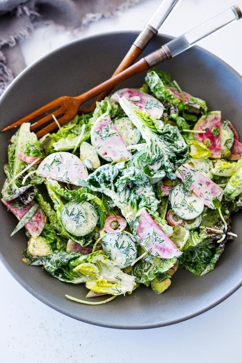 Little Gem salad with cucumber, radish, and ranch dressing